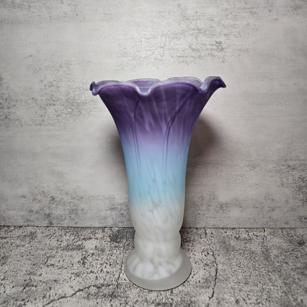 Frosted Swirled 8" Tall Elegant Vase Purple Blue Satin Clear White Streaks